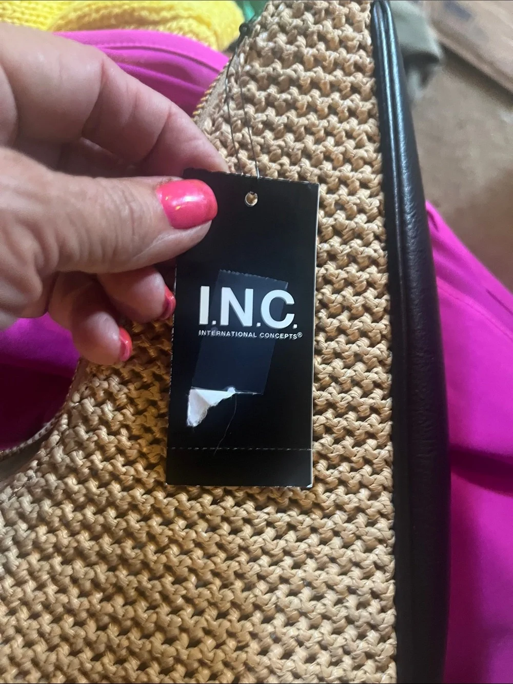 INC International Concepts Tan Woven Hobo with Black Trim